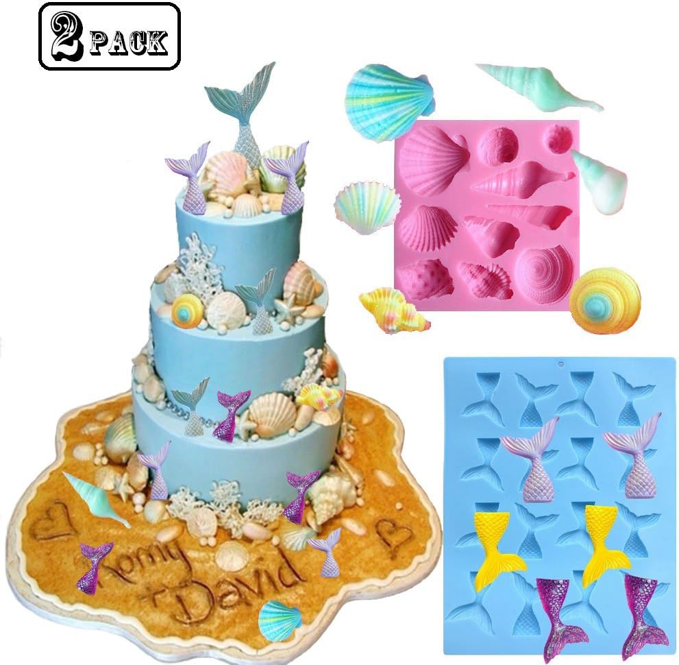 2 Pack Mermaid Tail Silicone Fondant Mold Seashell Mold For Cake