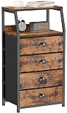 Furnulem Night Stand, Tall 4 Drawers Dresser for Bedroom, Hallway, Nursery, Closet Organizer, Nightstand Bedside Table Furniture, Vertical Storage Tower Fabric, Sturdy Steel Frame, Wood Top