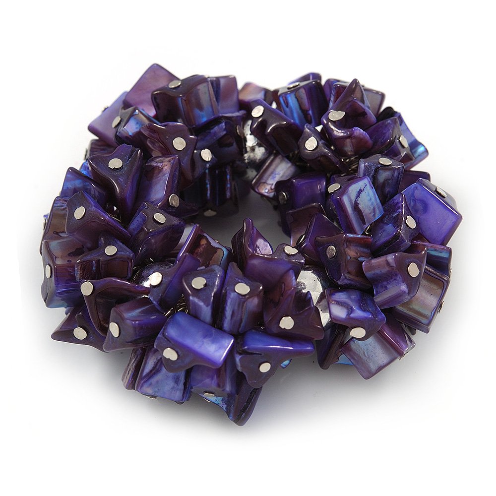 Avalaya Chunky Inky Purple Shell Nugget Stretch Bracelet - 17cm L