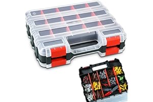 AMM Tool Box, Double Side Tool Box Organizer with 34 Compartments, Removable Dividers, Tackle Box Small Parts Screw Hardware Organizer for Screws, Nuts, Nails and Bolts (1 Piece, Red)