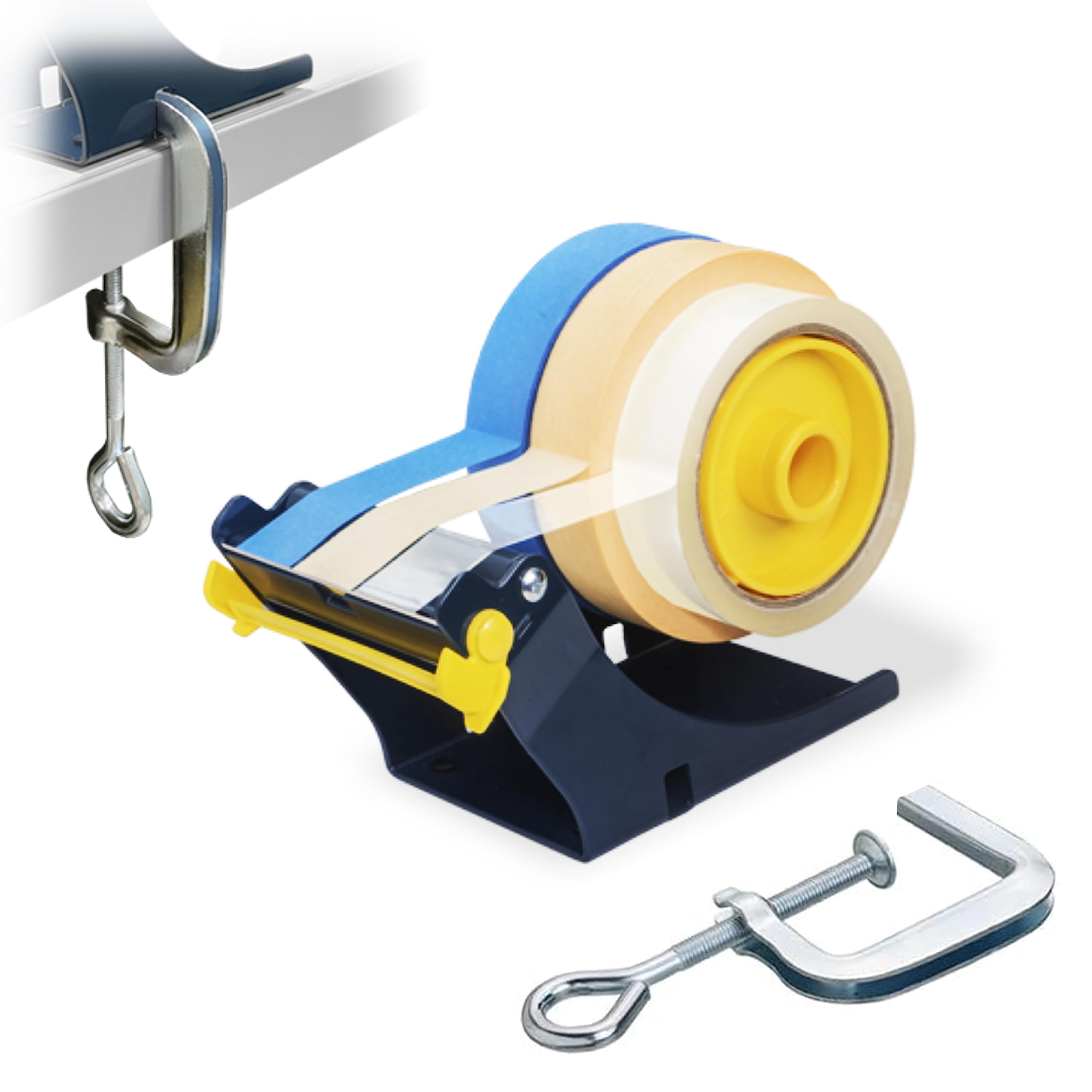 Excell Multi Tape Dispenser Holder with C-Clamp, Heavy Duty Metal Bench Dispenser, 3-Track, Fits 3” (76mm) Core, for 1” 2” 3” Width Rolls, Adjustable Tension, Anti-Rust Blade, Tape Not Included