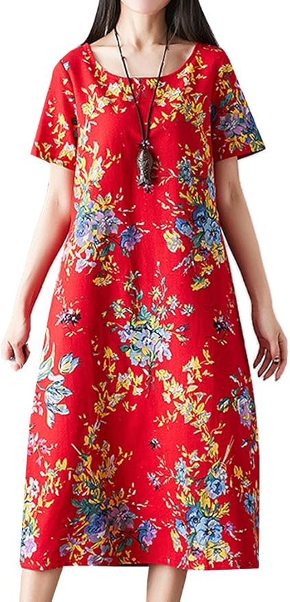 P Ammy Fashion Women's Oversized Retro Floral Cotton & Linen Long