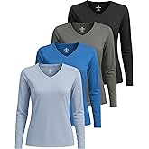 Real Essentials 4 Pack: Women's Long Sleeve Dry Fit V-Neck T-Shirt - Active Athletic Workout Gym Top (Plus Available)