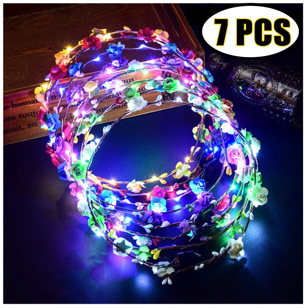LED Flower Crown, Coxeer Led Flower Wreath Headband Luminous 10 Led Flower Headpiece Flower Headdress For Girls Women Wedding Festival Holiday Christmas Halloween Party (7PCS)