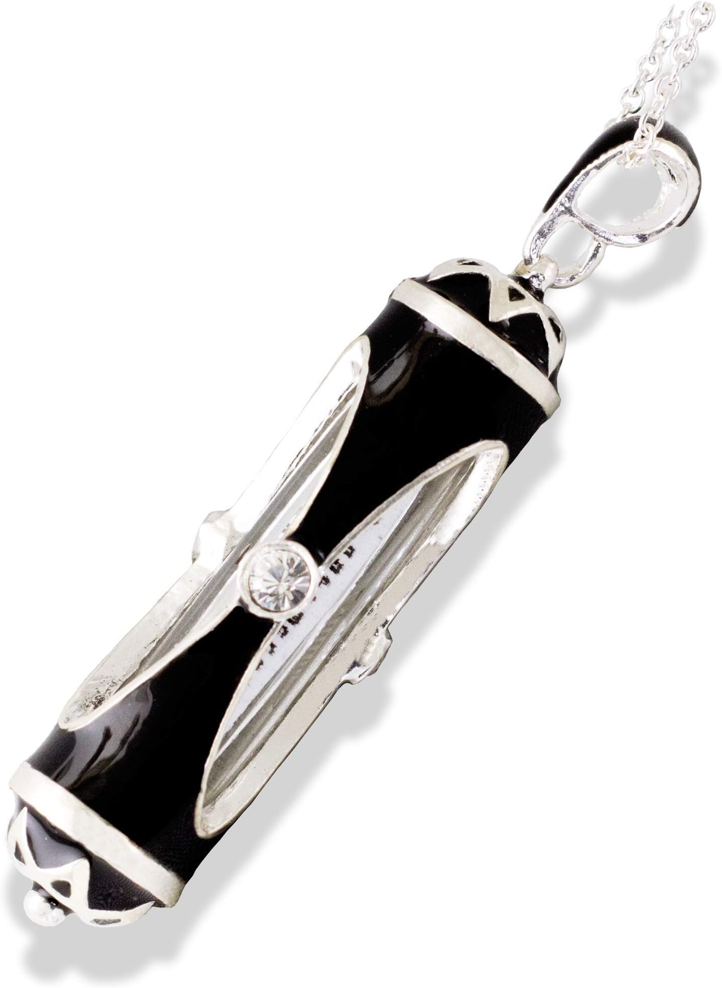 Mezuzah Necklace, 925 Sterling Silver Black Enamel Pendant for Men Women Oval Windows with Crystals, Jewish Prayer Inside