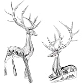 2PCS Silver Christmas Reindeer Figurines, Resin Elk Sculpture Statues, Standing Sitting Reindeer Statues, Xmas Ornaments for Home Living Room Office TV Cabinet, Ideal Christmas/New Year Seasonal Gift