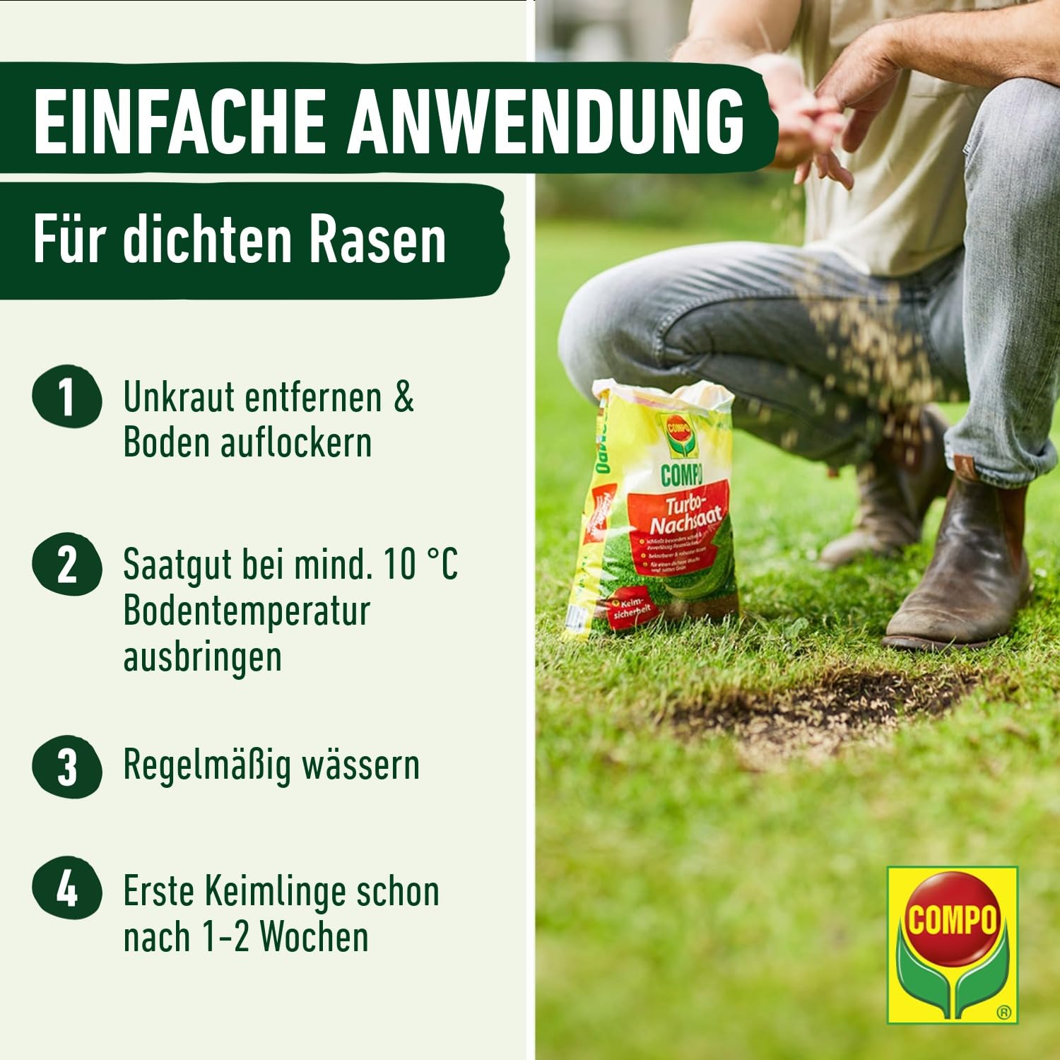 COMPO Turbo Nachsaat, Rasensamen, Schließt besonders schnell und zuverlässig Lücken im Rasen, Mit Keimsicherheit, 1 kg, 50 m² 5