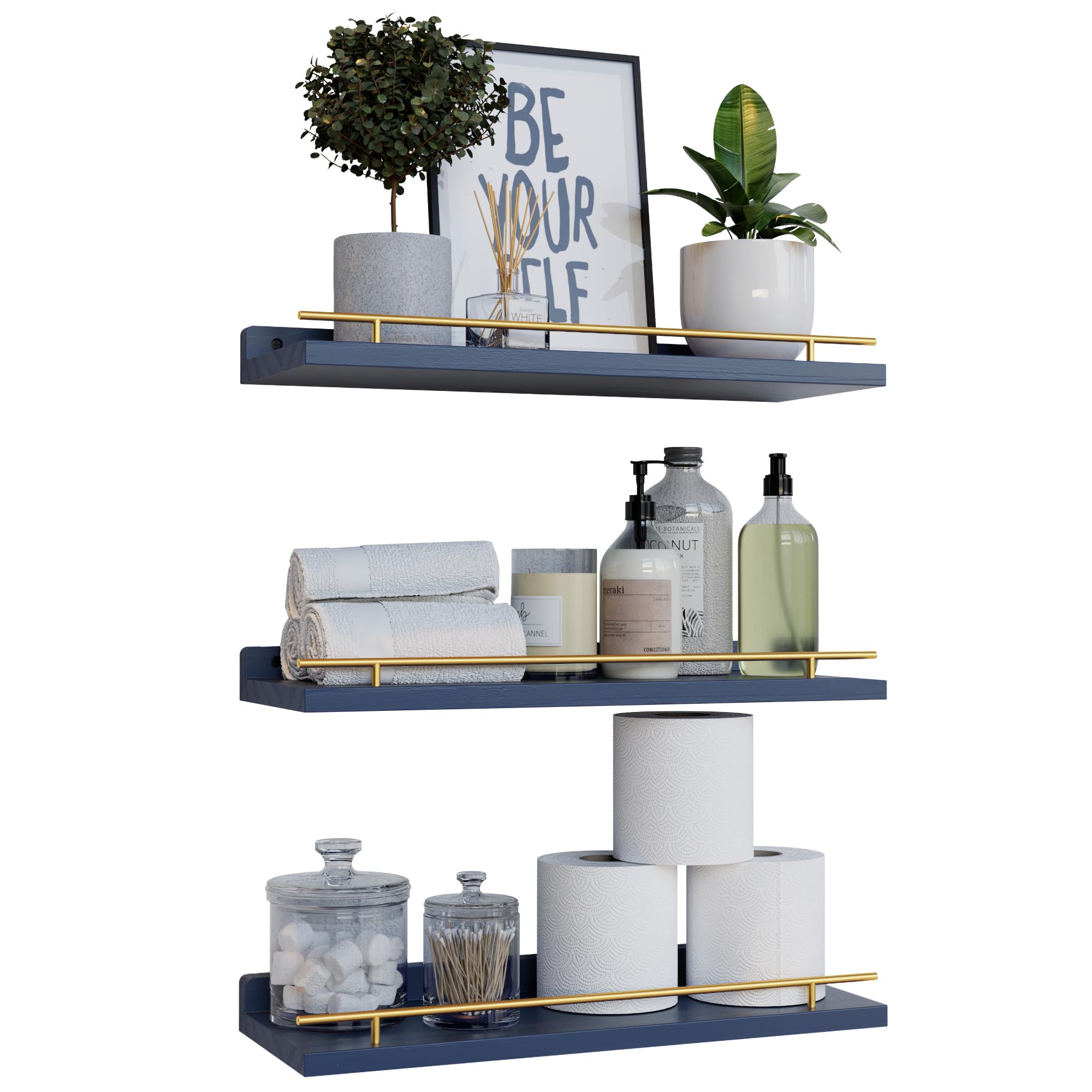 Photo 1 of WOPITUES Floating Shelves with Gold Metal Guardrail, Shelves for Wall Decor Set of 3, Wall Shelves for Bedroom, Bathroom, Kitchen, Living Room, Plants, Picture Frames, Art- Gold in Navy Blue