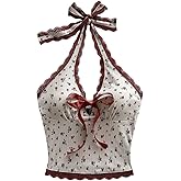 Floerns Women's Floral Lace Trim Halter Neck Top Tie Front Backless Aesthetic Crop Tops