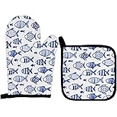 Qeheb Coastal Beach Blue Fish Oven Mitts and Pot Holders Sets, Fish Gifts Oven Mitts, Blue and White Nautical Ocean Fishing Over Mittens for Kitchen Decor, Beach Over Gloves Gifts