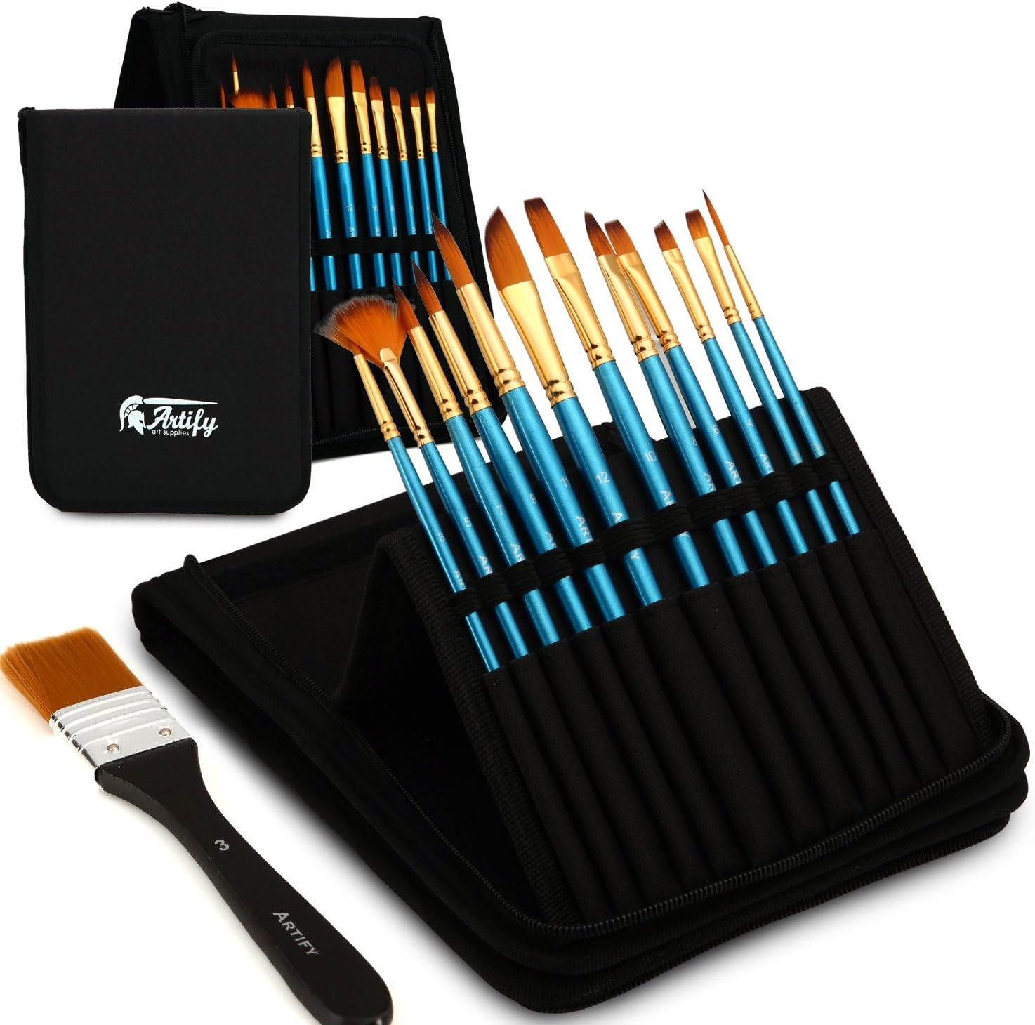 Artify 12 Pcs Paint Brush set Popup Stand Carrying All in One Case with free Palette Knife, A