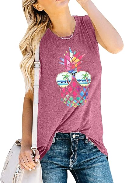 ASTANFY WOMEN PINEAPPLE SUNGLASSES BEACH TANK TOPS FUNNY GRAPHIC VEST CASUAL SUMMER SLEEVELESS TEE SHIRTS (PINK, MEDIUM)