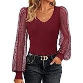 ZESICA Women's Mesh Puff Long Sleeve Shirts 2026 Spring Fall V Neck Ribbed Knit Sexy Going Out Tops Casual Work Blouse