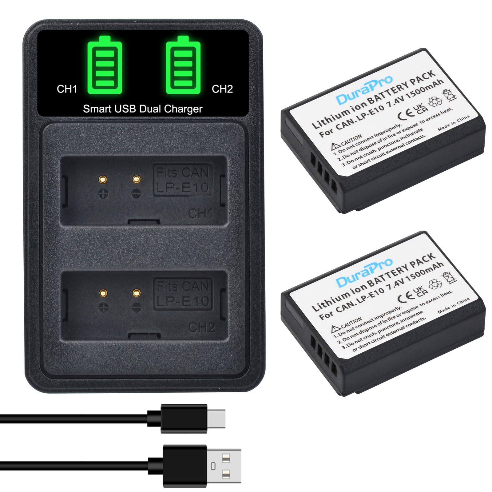 DuraPro 2Packs LP-E10 Battery + Slim LCD Dual USB Charger for Canon LP-E10; EOS 1100D,1200D,1300D,1500D,2000D, Rebel T3, T5, T6,T100, Kiss X50, X70, X90 Digital SLR Cameras