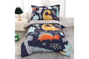 Wowelife Toddler Bedding Sets for Boys Premium 4 Piece Dinosaur Toddler Comforter Set Blue Grey Bed Set, Super Soft and Comfortable for Toddler(Dark Blue)