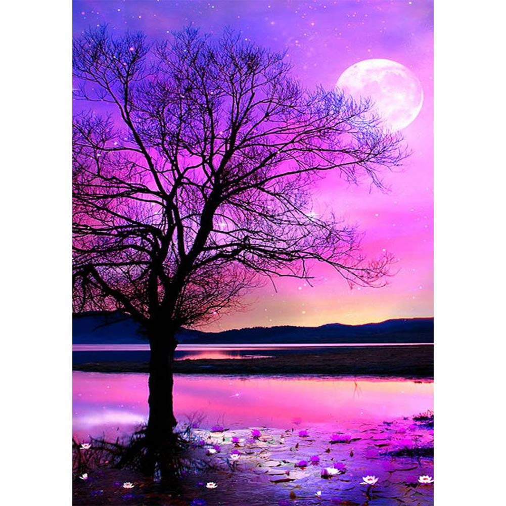 WOWDECOR 5D Diamond Painting Kits, Four Season Tree Purple Starry Sky Moon Lotus Flowers Full Drill DIY Diamond Art Cross Stitch Paint by Numbers