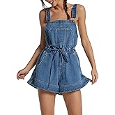 Women's Sleeveless Denim Romper Shorts Ruffle Hem Adjustable Strap Casual Jean Jumpsuits One Piece Outfits