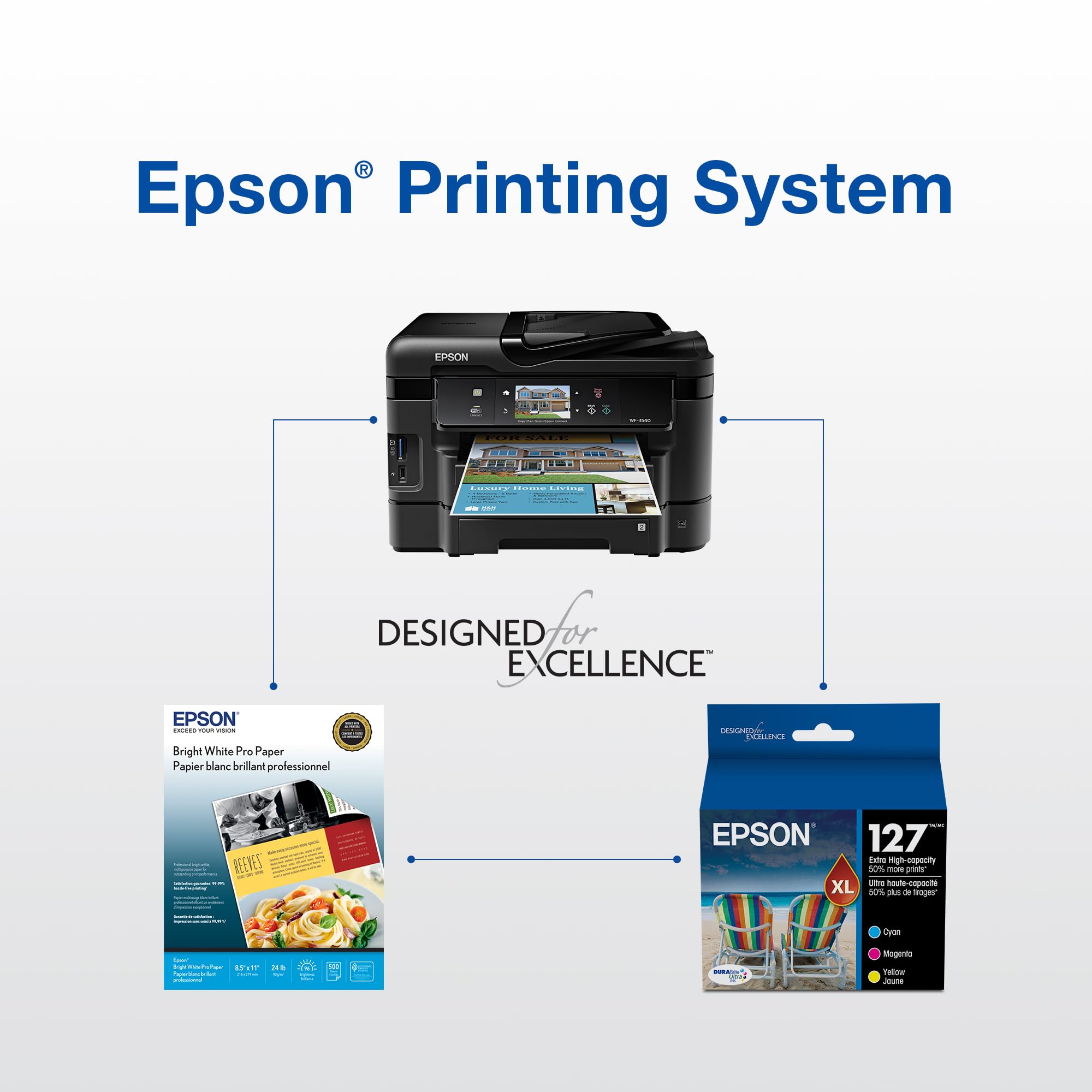EPSON 127 DURABrite Ultra Ink Color Combo Pack For NX-530, NX-625, WF-3520, WF-3530, WF-3540, WF-545, WF-60, WF-630, WF-633, WF-635, WF-645, WF-7010, WF-7510, WF-7520, WF-840, WF-845