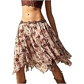 SHENHE Women's Western Boho Flowy Skirt Low Rise Floral Hankerchief Hem Swing Country Skirt