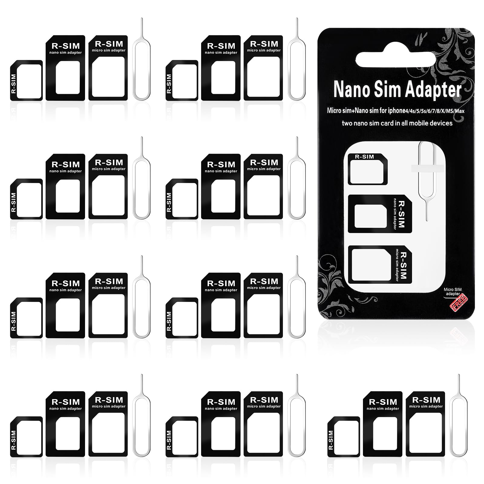 Photo 1 of 10 Pack Sim Card Adapter Kit, Sim Adapter 4 in 1 Micro Sim Card Adapter Standard Converter Kit with Sim Card Removal Tool and Steel Sim Tray for Smartphone Devices