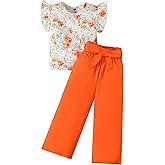 Valseclub Kids Girl Clothes Floral Print Ruffle Sleeveless Tank and Wild Leg Pant 2 Piece Outfit Set 2-8 Years