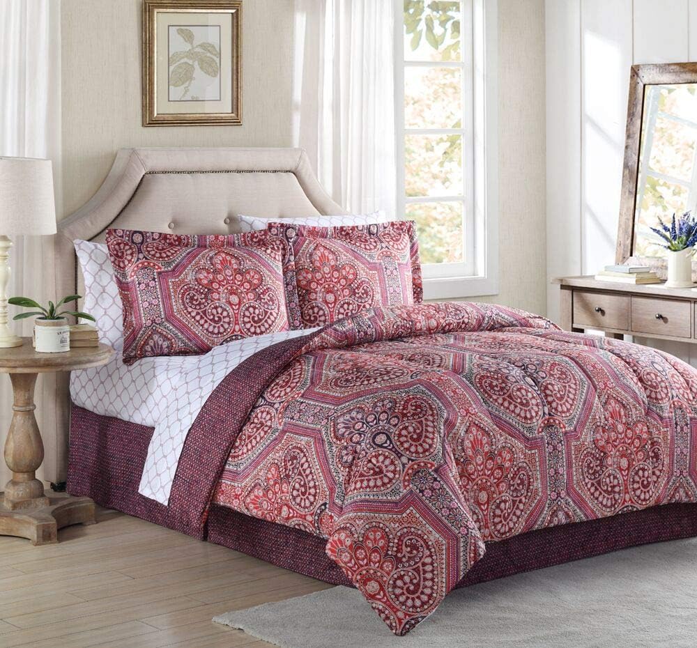 Ellison First Asia 18101704BB-MUL Alden Bed in a Bag Comforter Set44; Red - King Size44; 8 Piece