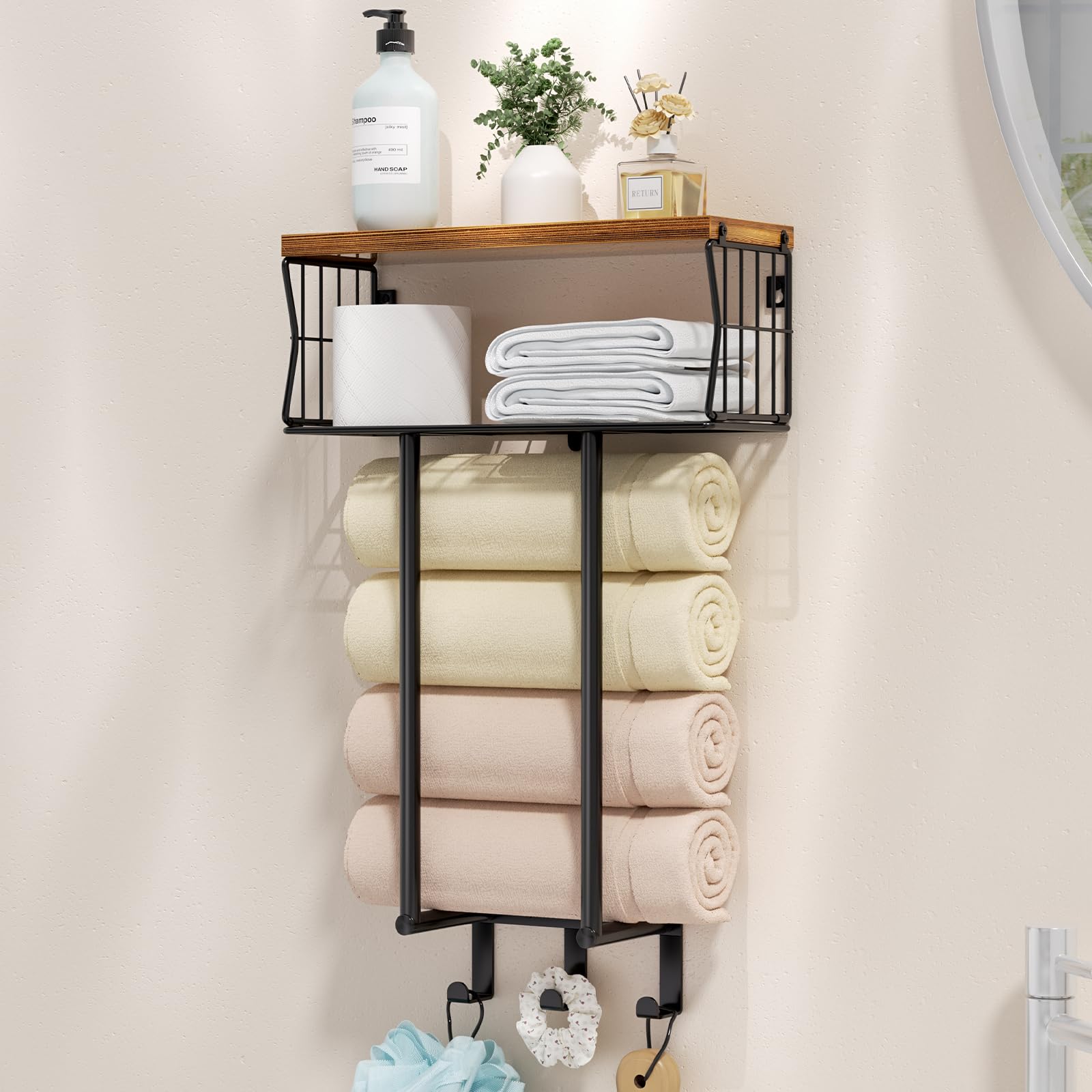 HapiRm Towel Rack Wall Mounted - Multi-Functional Bathroom Towel Storage with Hooks, Space-Saving Bathroom Towel Holder for Bathroom Accessories Bathroom Storage & Organisation, Suit for Toilet, Black