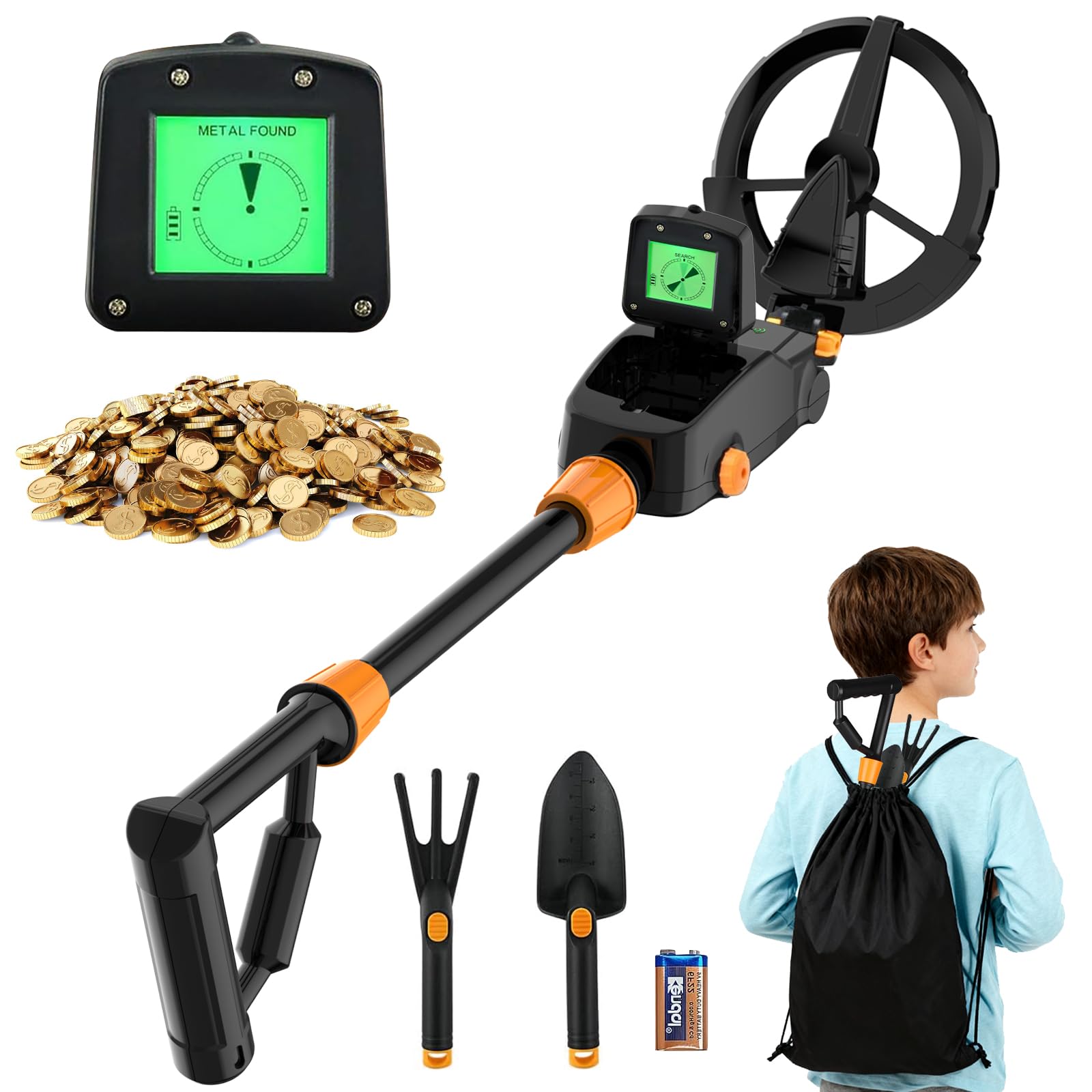Metal Detector for Kid, Metal Detector with LCD & Sound Indication, 7" IP68 Waterproof Coil, Lightweight High Sensitivity Starter Gold Detector Kit with Shovel, Rake and Backpack, Gift for Boys/Girls