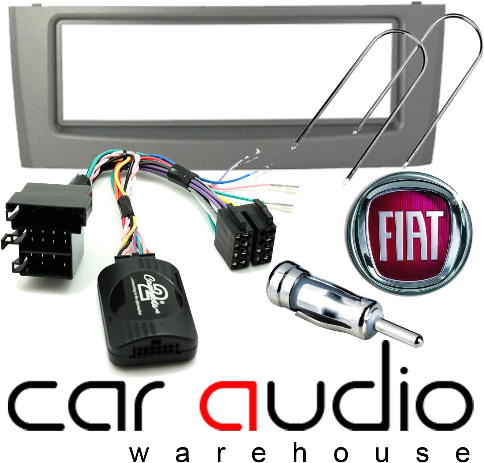 T1 Audio T1-CTKFT03 - Fiat Grande 2005> Complete Car Stereo Fascia and Steering Stalk Fitting Kit, SILVER Fascia Panel, Steering Stalk Lead, Aerial Adapter and Car Stereo Removal Keys