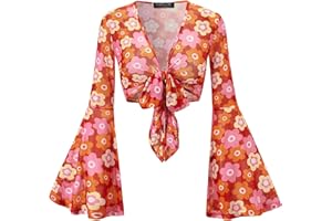 For G and PL Women Tie Front Bell Sleeve Rave Crop Tops Floral Print Hippie Mesh Sheer Shirt