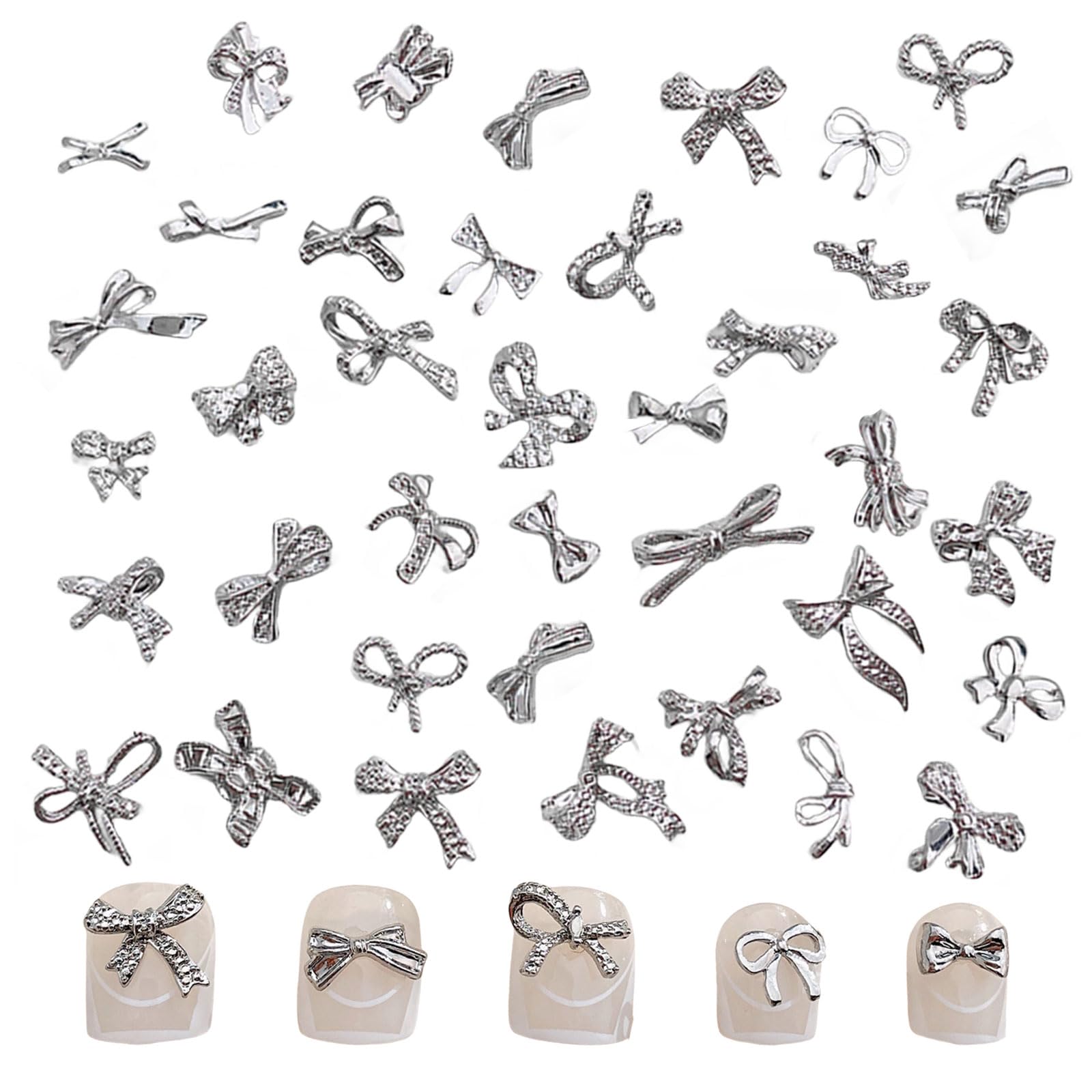 OTKARXUS Bow Nail Charms,100PCS Silver Metal Nail Art Bows,Bowknot Bow Tie Nail Gems Alloy Nail Art Decorations Supplies for Women Girls Manicure Design DIY Crafts (E Gold & Silver)
