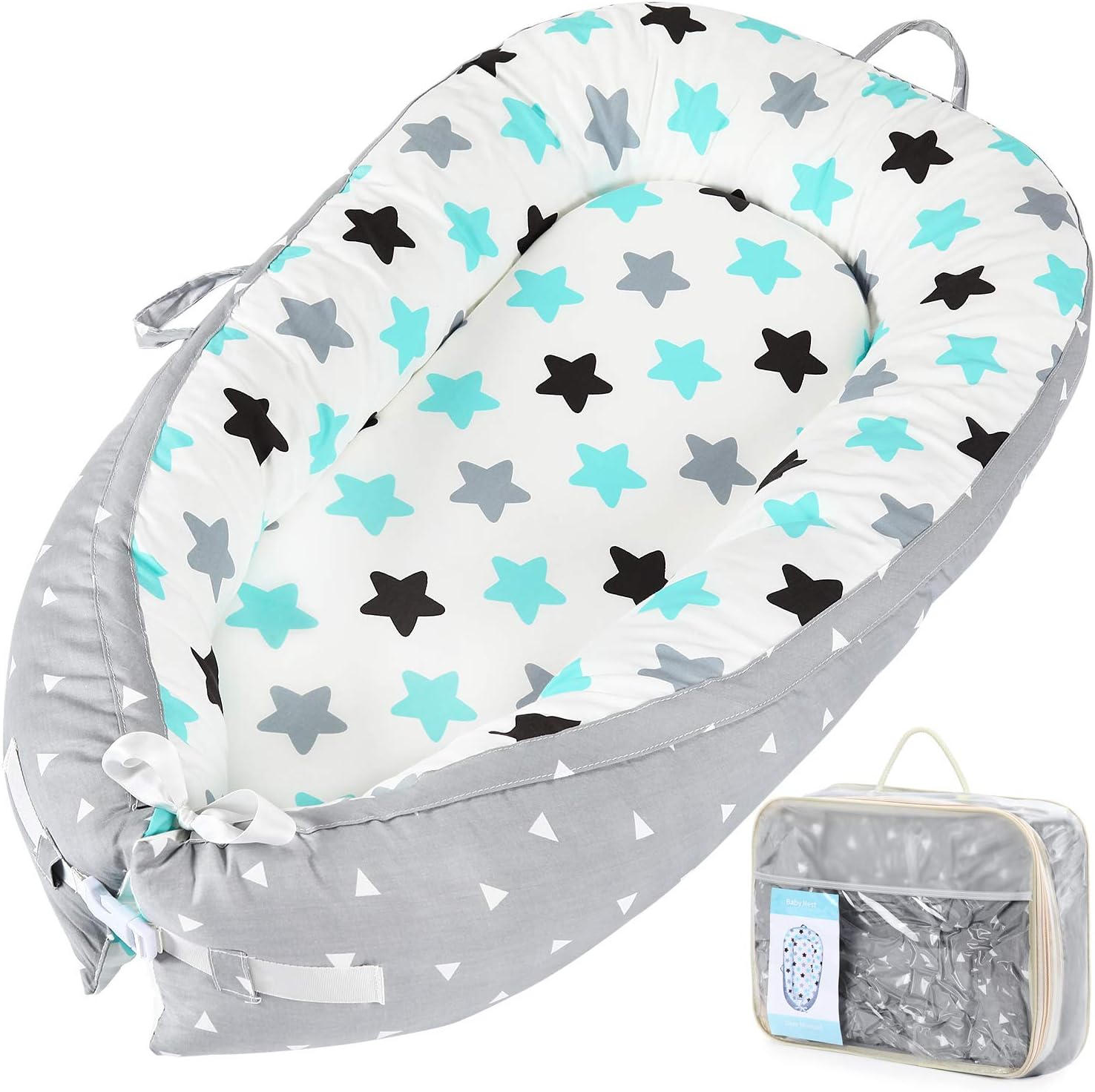 Elover Baby Nest Newborn Baby Lounger Soft Breathable Cotton for Newborn & Babies Sleeping Pod Baby Bassinet for Bed - Star Grey
