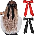 2PCS Silky Satin Hair Bows Hair Clip Black Red Hair Ribbon Ponytail Holder Accessories Slides Metal Clips Hair Bow for Women Girls Toddlers Teens Kids