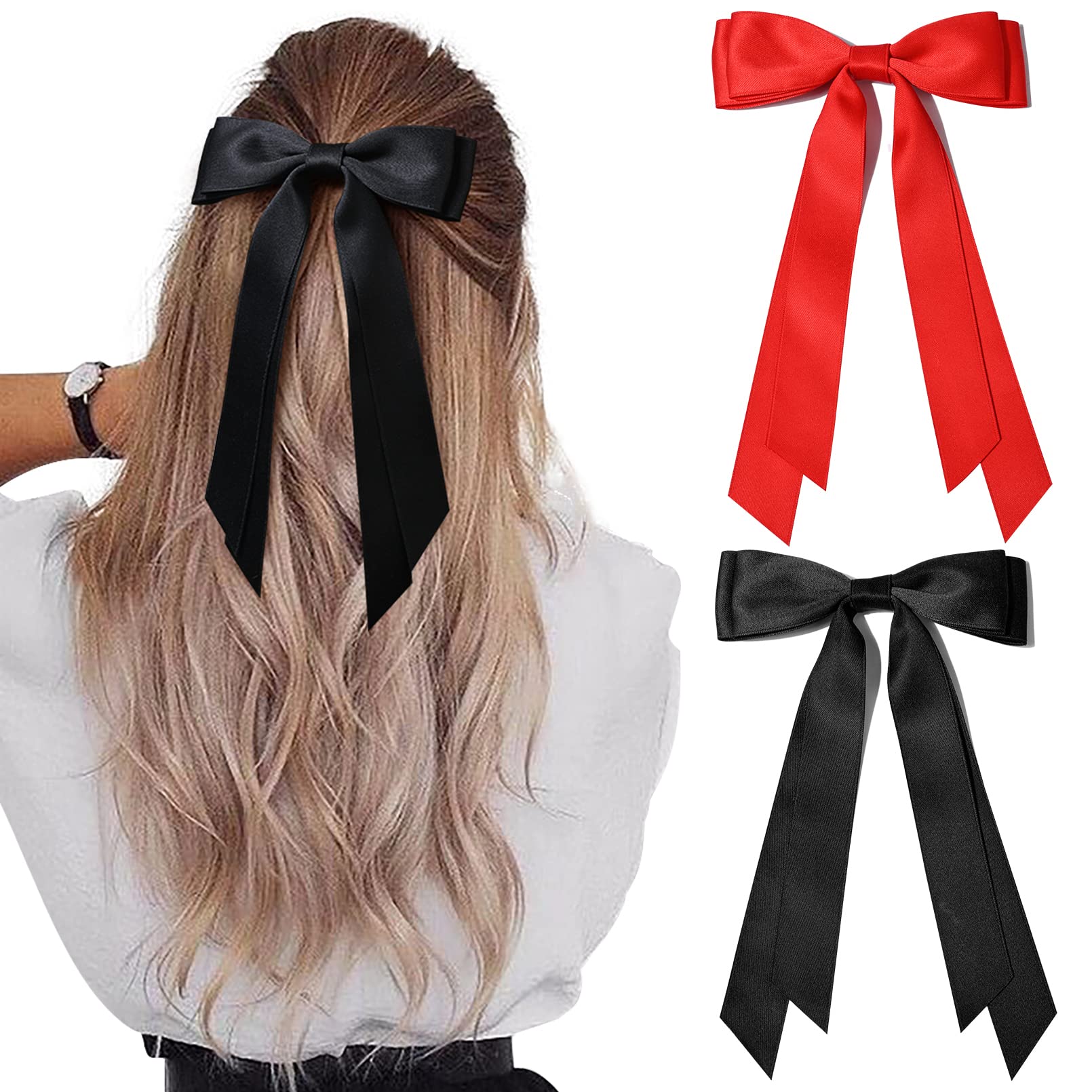 Photo 1 of 2PCS Silky Satin Hair Bows Hair Clip Black Red Hair Ribbon Ponytail Holder Accessories Slides Metal Clips Hair Bow for Women Girls Toddlers Teens Kids