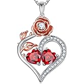 Iefil Rose Heart Birthstone Necklaces for Women - 925 Sterling Silver Double Birthstone Necklace, Anniversary Birthday Gifts for Women, Jewelry Gifts for Wife Her