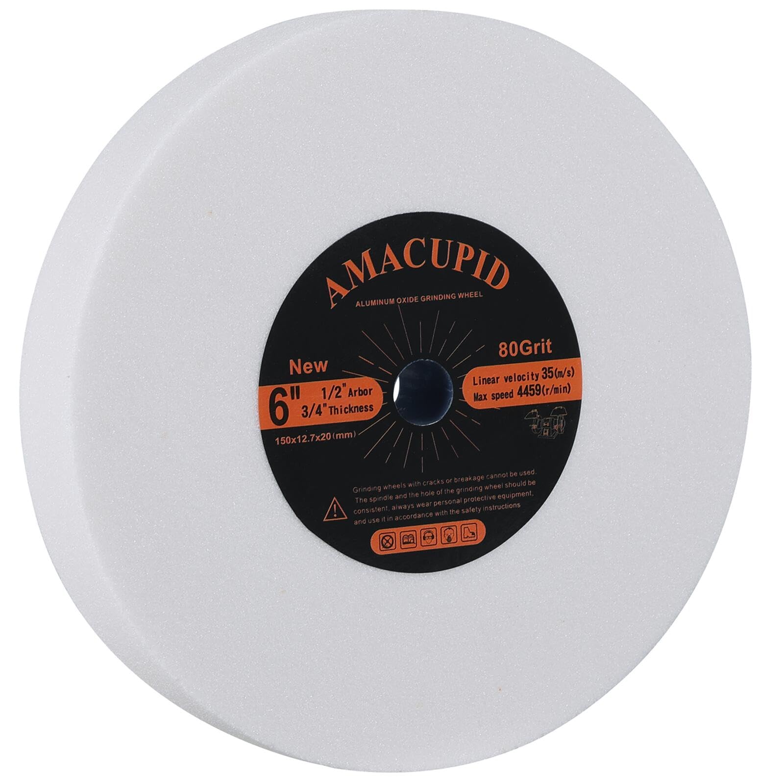 AmaCupid Bench Grinding Wheel 6 Inches, Aluminum Oxide Abrasive. For Sharpening Hardened Steel, High Carbon Steel and Other Hard Tools. 1/2 Inch Arbor, 3/4 Inch Thickness, 80 Grit