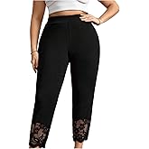 WDIRARA Women's Plus Size High Waisted Contrast Lace Capri Leggings Stretchy Skinny Pants