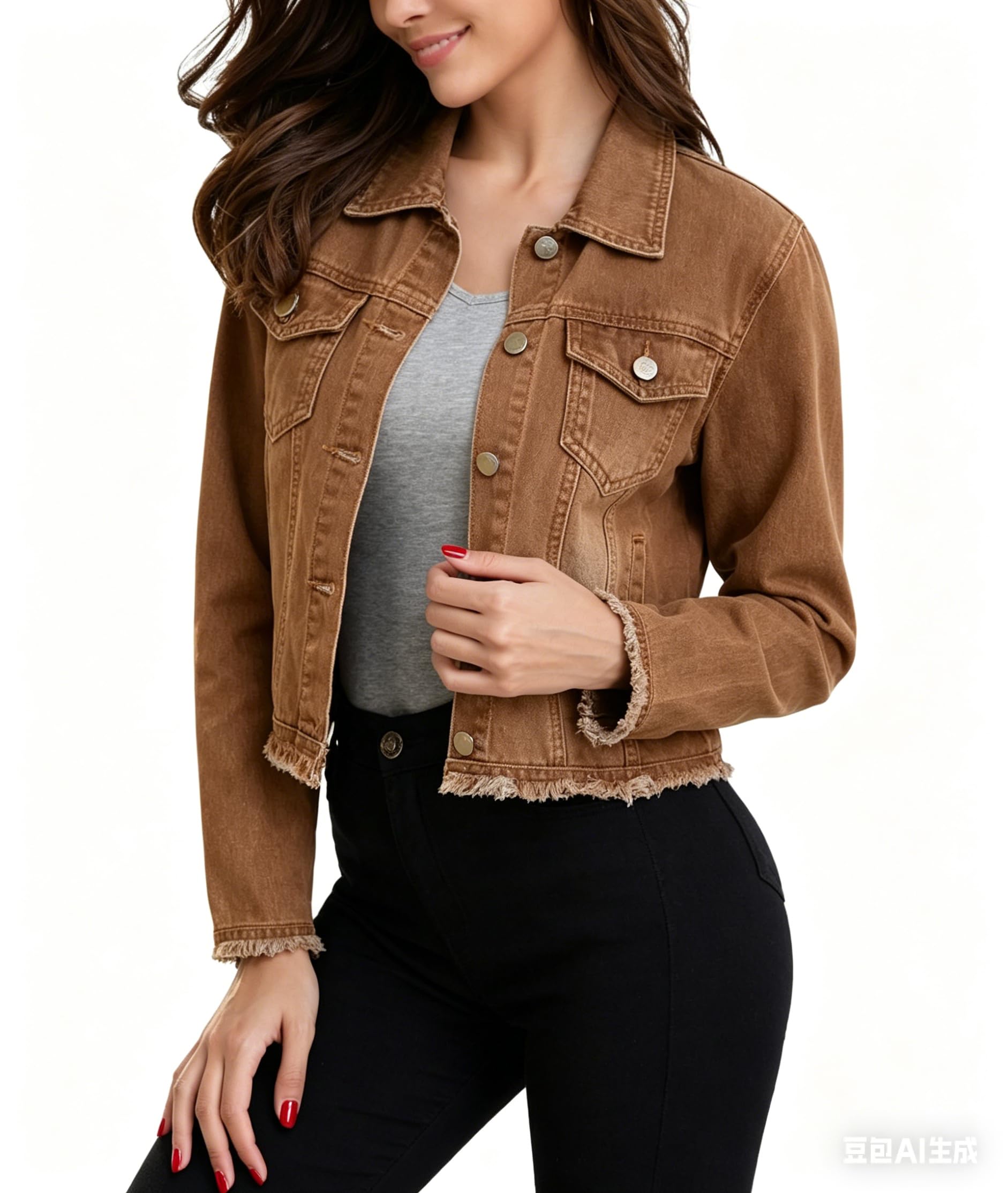MISS MOLY Women's Denim Jackets, Classic Button Front Frayed Hem Tan Country Jean Coat for Casual Daily Wear Brown Small Image