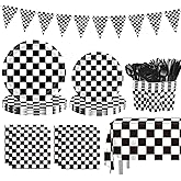 170 Pcs Race Car Birthday Party Decorations Black and White Checkered Plates and Napkins, Checkered Party Supplies Serves 24