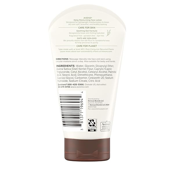 AVEENO DAILY MOISTURIZING FACE LOTION WITH SOOTHING PREBIOTIC OAT, LIGHTWEIGHT NON-GREASY FACIAL MOISTURIZER FOR NORMAL TO DRY, SENSITIVE SKIN, 24-HOUR MOISTURE, FRAGRANCE-FREE, 5 OZ