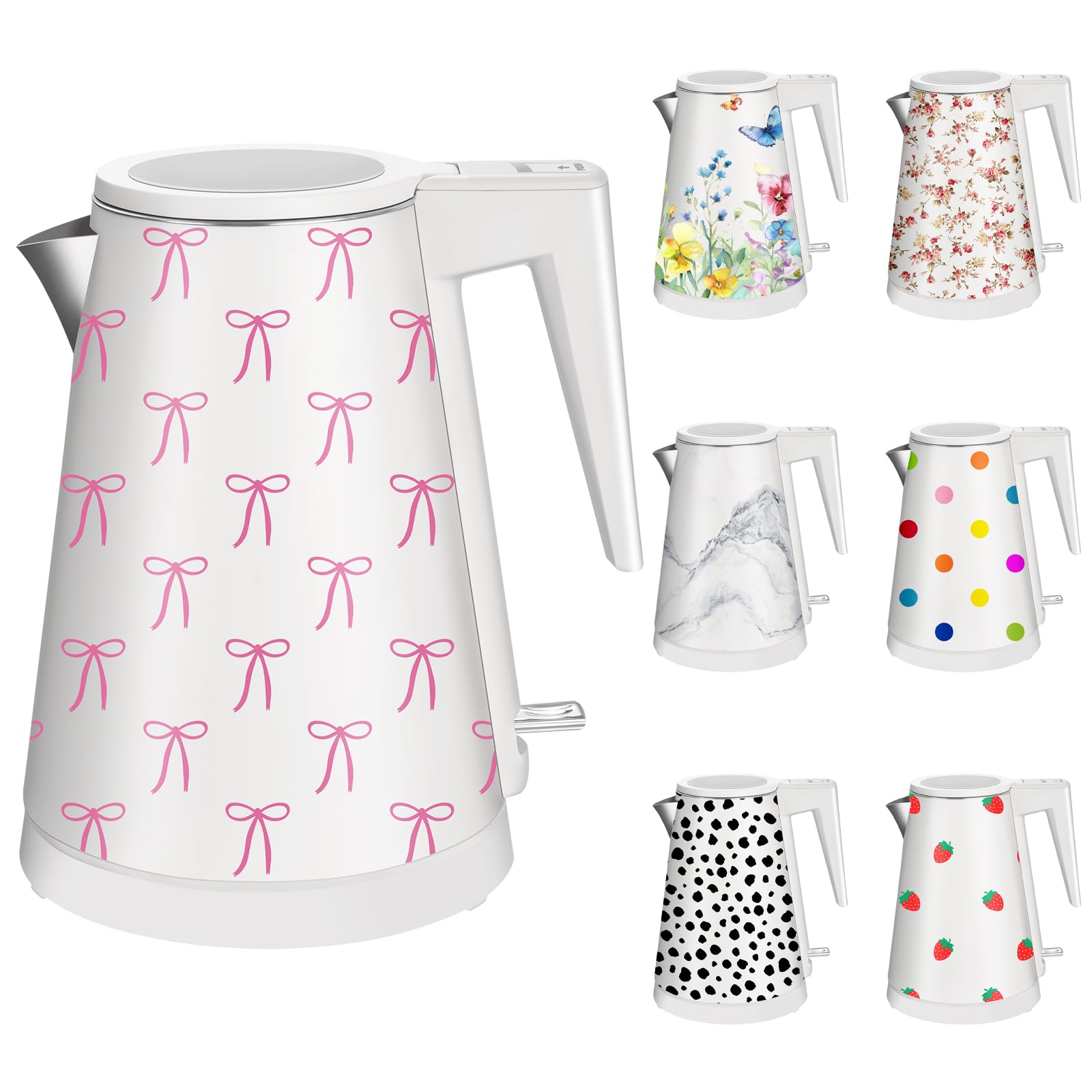 Photo 1 of 1.2L Double Wall Stainless Steel Interior Water Boiler, Cordless, 1000W Fast Boil with LED Light Coffee Pot & Tea Electric Kettle, Auto Shut-Off and Boil-Dry Protection (Pink Bow)