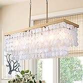 TOCHIC Rectangular Capiz Shell Chandelier, Coastal Beach Lighting 6 Lights, Modern Gold Chandelier Shell Pendant Light for Ki