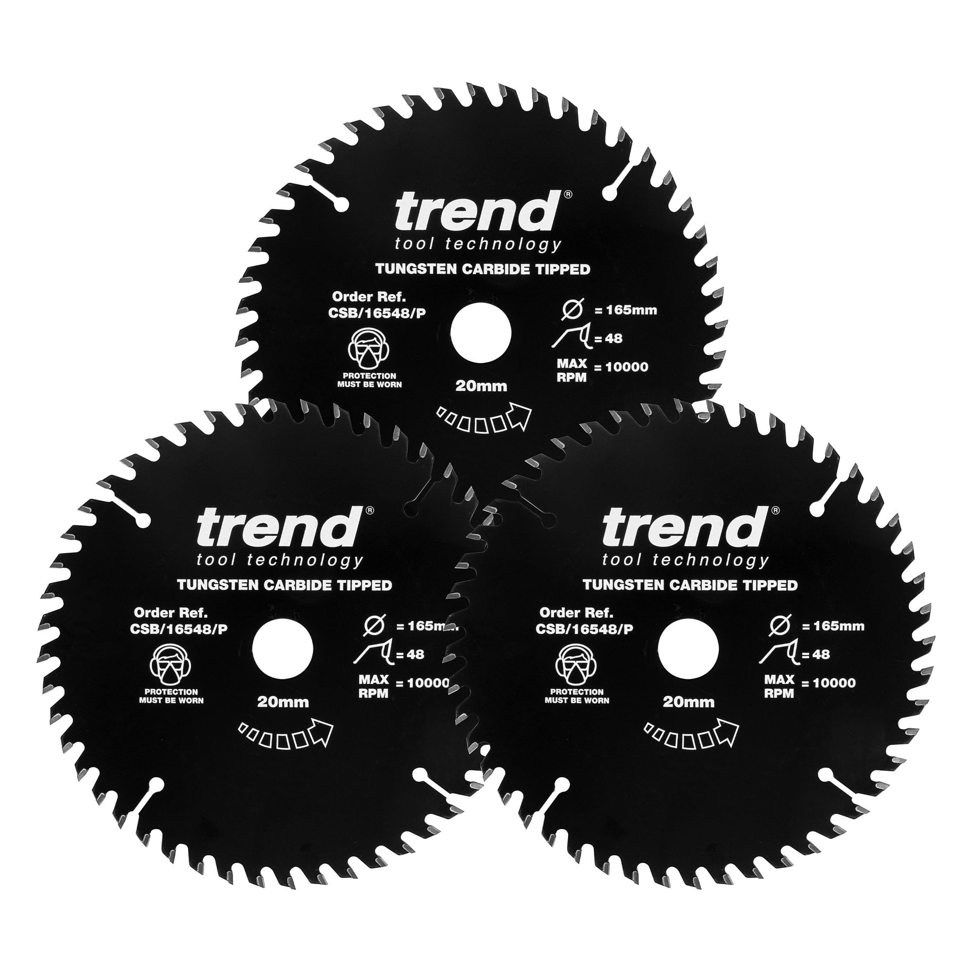 Trend Wood PTFE Circular Saw Blades, Triple Pack, 165mm Diameter, 20mm Bore, 48 Teeth, TCT, 2.2mm Kerf, 3 Pack, CSB/165/3PKAP