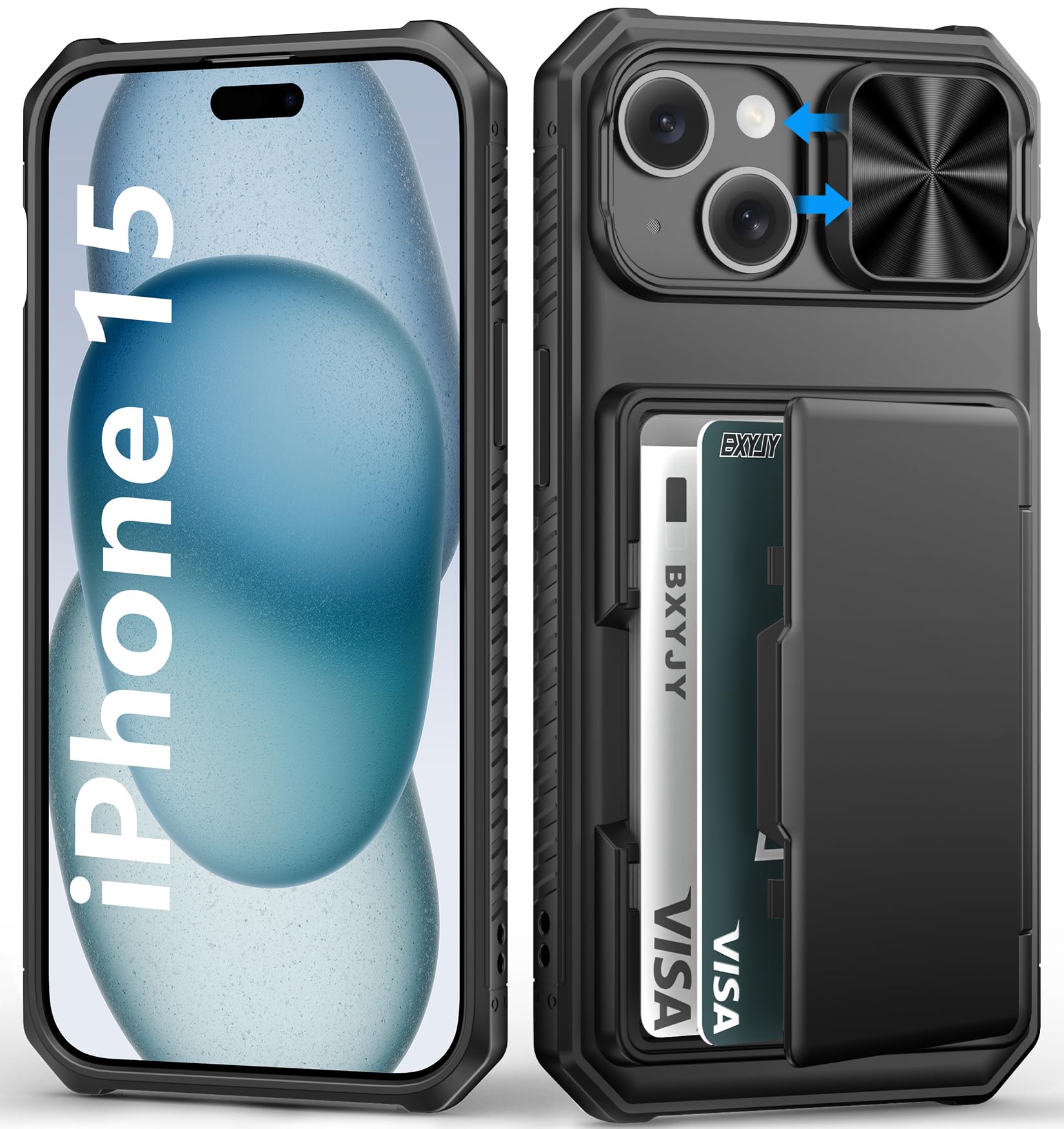 BXYJY for iPhone 15, iPhone 14, iPhone 13 Wallet Case with Card Holder(4-5 Cards), Slide Camera Cover, Military Drop & RFID Protection, Heavy Duty Women Men Phone Case for iPhone 15/14/13, Black