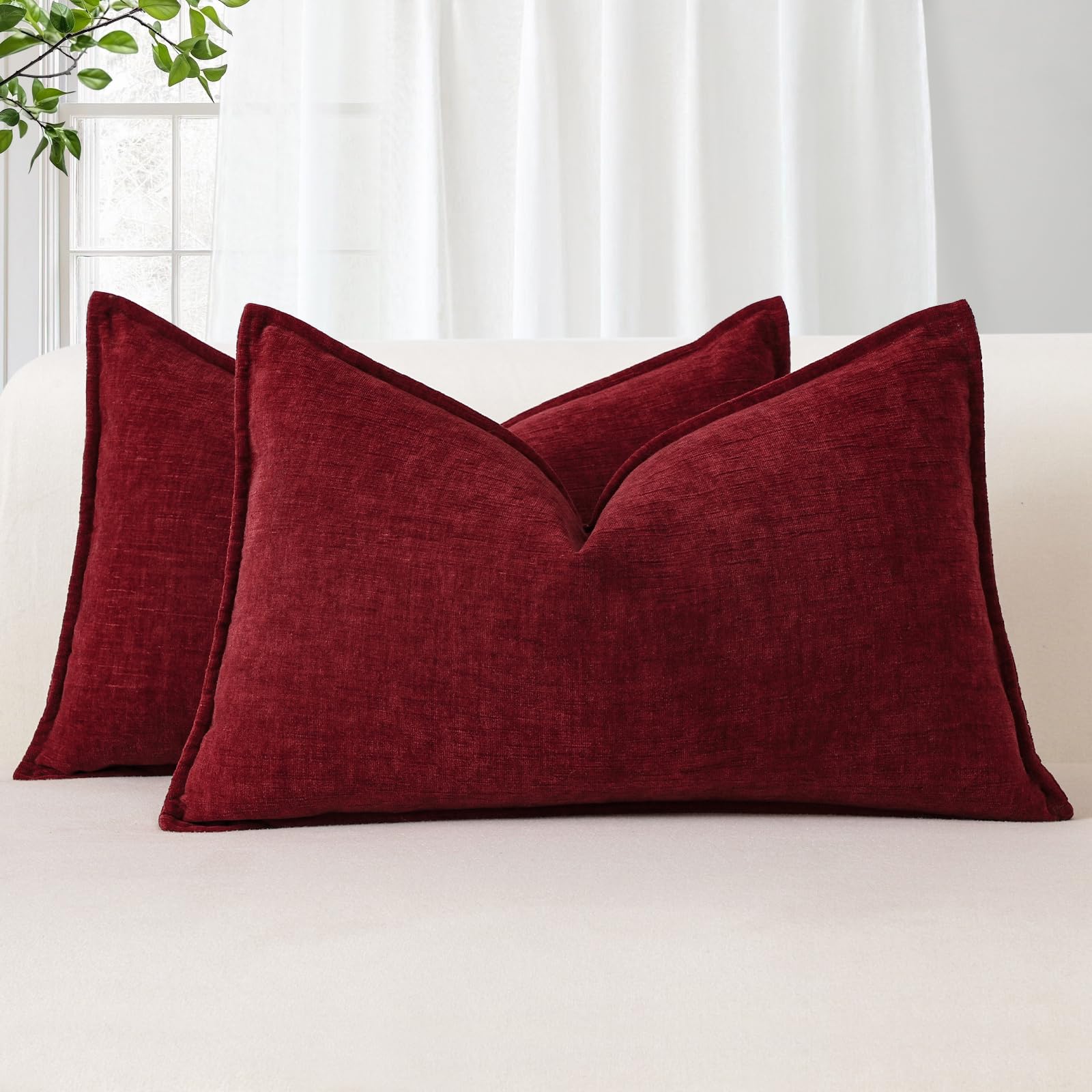 Sungeek Set of 2 Soft Chenille Cushion Covers 30x50cm Lumbar Decorative Throw Pillow Covers with Stitched Edge Solid Dyed Pillow Cases Covers for Home Decor Couch Sofa Bed Living Room, Dark Red