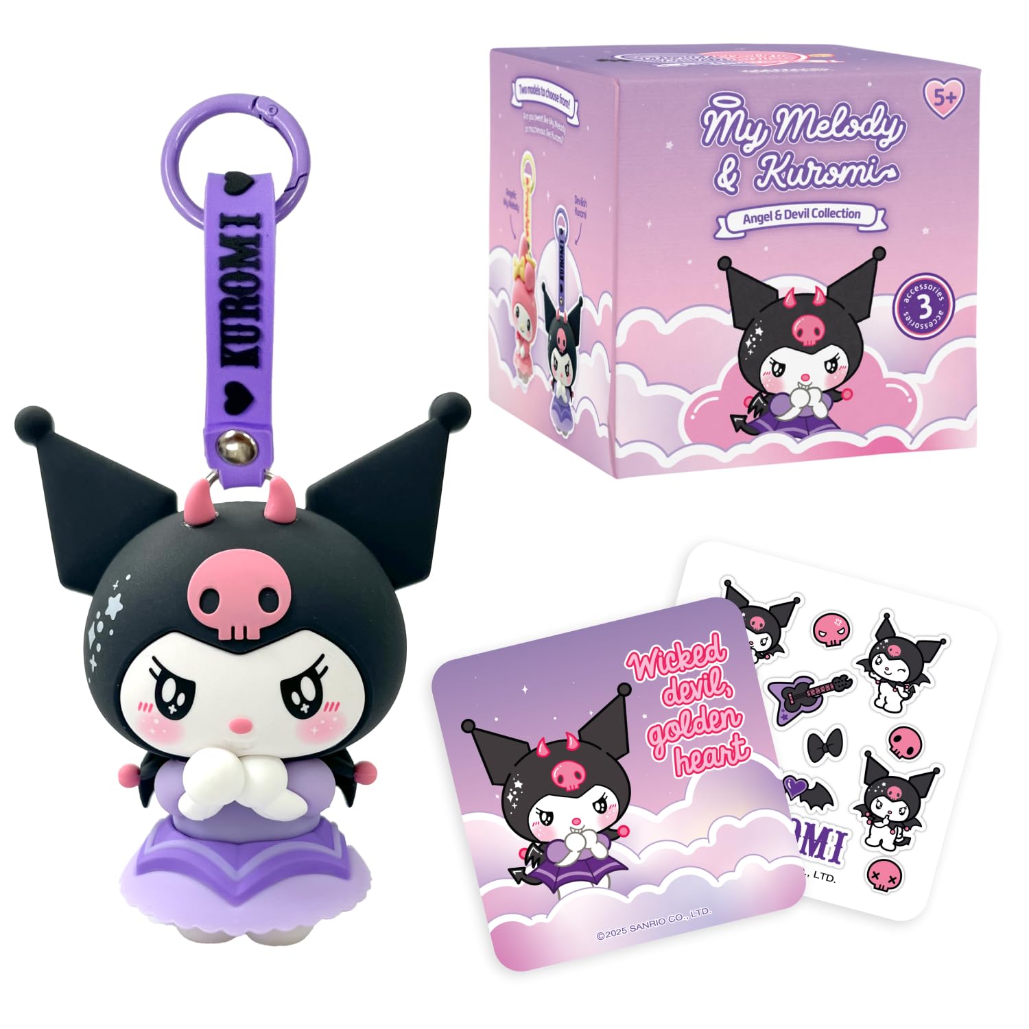 Kuromi Diablo Figure with Keyring and Accessories - Kuromi and My Melody Angel & Devil Collection - for Fans of Hello Kitty and Friends Kawaii