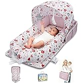 Baby Lounger, Portable Foldable Travel Lounger for Newborn 0-12 Month, Washable Lightweight Infant Nest with Canopy, Soft Breathable Baby Nest with Adorable Pattern, Home & Outdoor Use