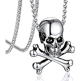 Bandmax Skull Pendant Necklace for Men Women Stainless Steel/Black Gothic Skeleton Charm with 22" Spiga Chain Rapper Biker Necklace Jewelry