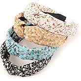 DRESHOW Headbands for Women and Girls Flower Printed Knotted Plastic Head Band Fashion Boho Wide Hairbands Non Slip Hair Accessories 4 Pcs