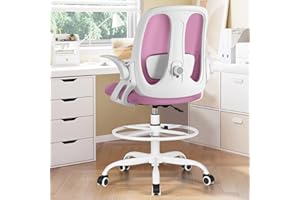 Razzor Drafting Chair Tall Ergonomic Office Chair with Adjustable Lumbar Support, Stand Stool High Office Desk with Footrest Ring, Executive Computer Chair with Flip Up Armrests - Pink